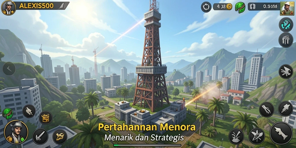 Screenshot menampilkan aksi seru dalam game Tower Defense ALEXIS500.