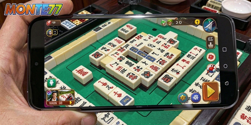 Tampilan gameplay MONTE77 dengan ubin Mahjong yang indah.