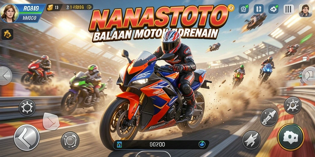 Screenshot NANASTOTO menampilkan aksi balapan motor yang mendebarkan.