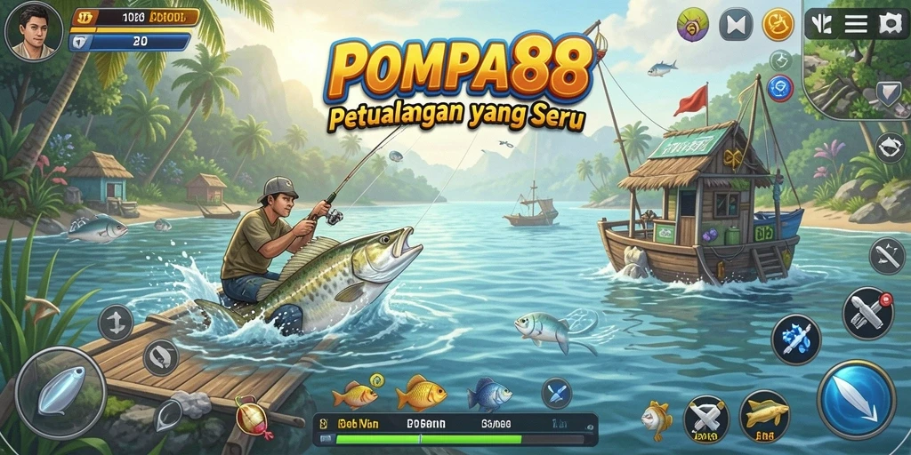 Screenshot POMPA88 menampilkan aksi memancing yang menarik di lokasi yang indah.