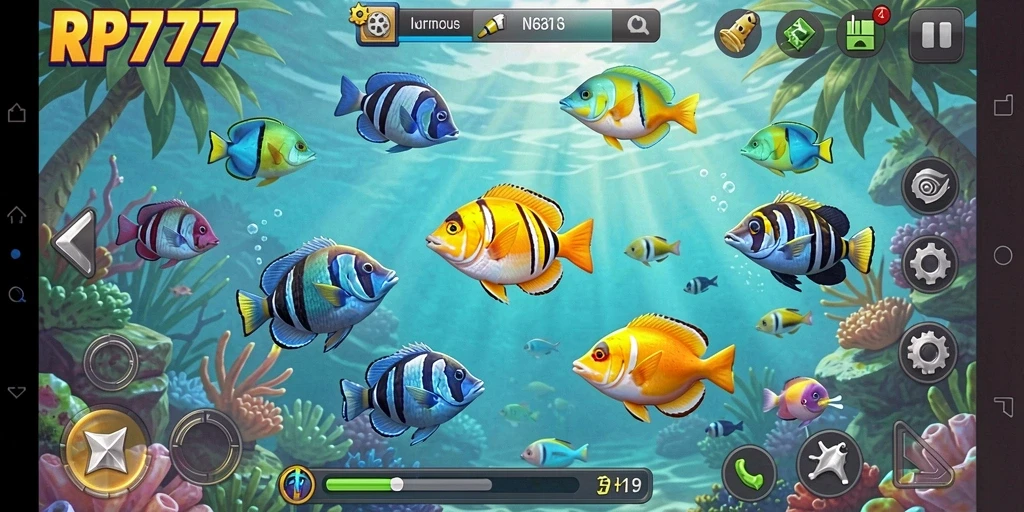 Screenshot gameplay RP777 yang menampilkan aksi menembak ikan.
