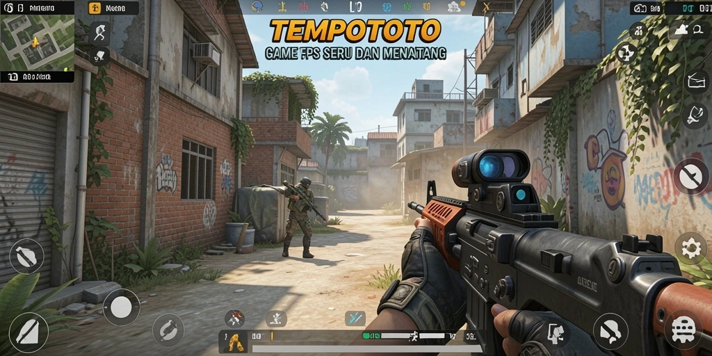 Screenshot gameplay utama TEMPOTOTO menampilkan aksi seru di medan perang FPS.