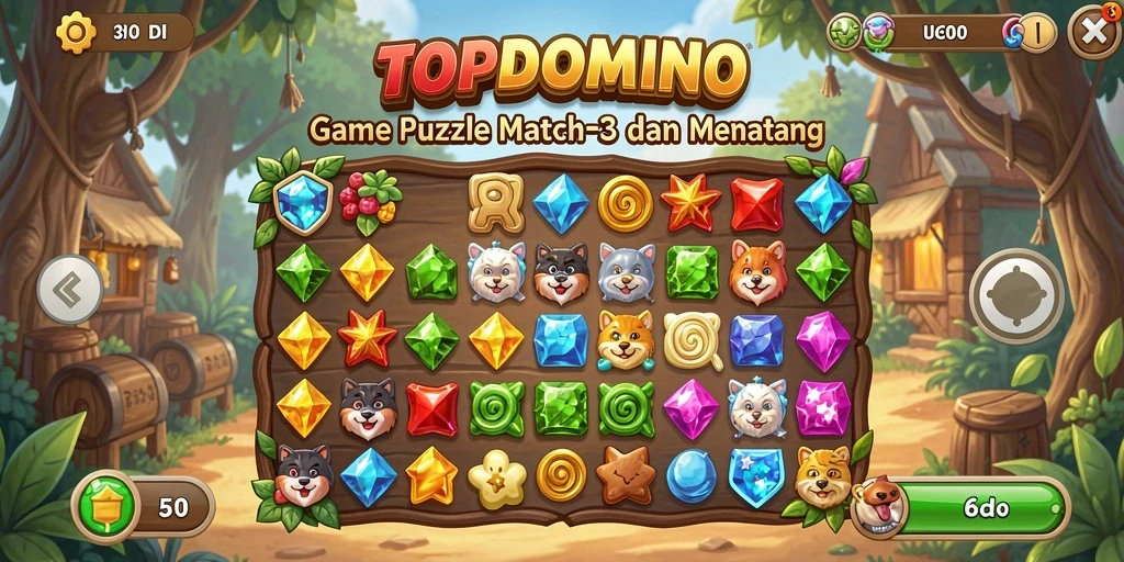 Screenshot gameplay TOPDOMINO menampilkan level Match-3 yang mendebarkan.